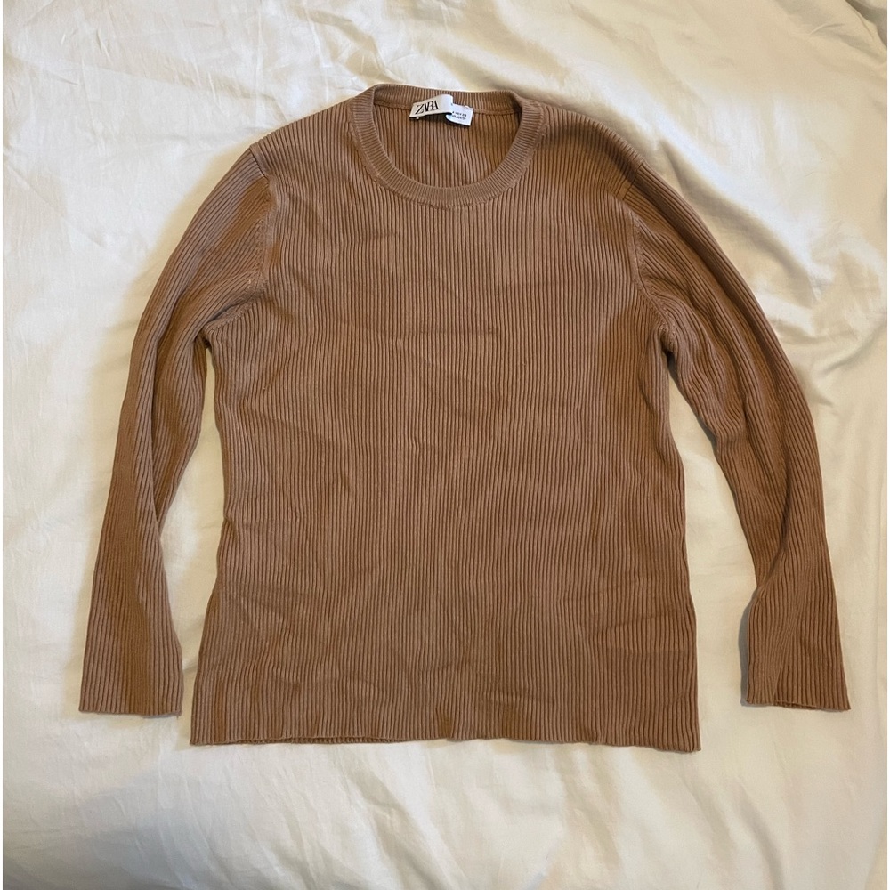 Zara ribbed 3/4 sleeve crew neck sweater